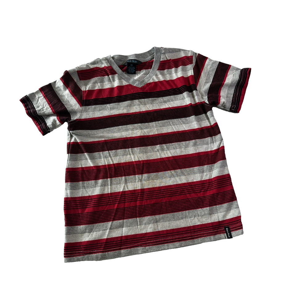 Bold Blue V-Neck T-shirt Black/Red/Gray Striped Sz M Youth Kids School Summer